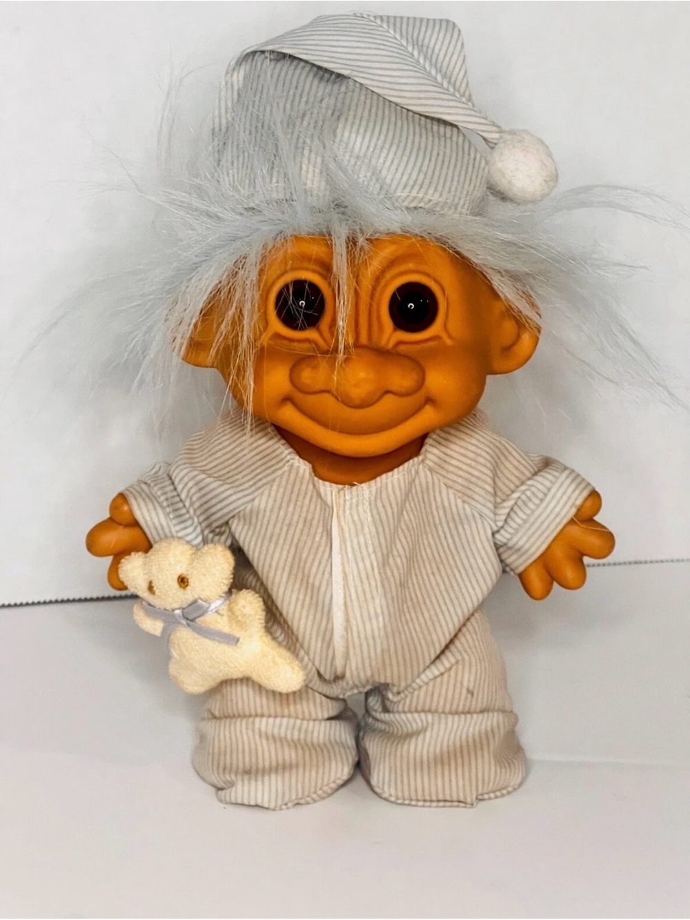 Troll Vintage Russ Bedtime Sleepy Doll Bear Pajamas Blue Stripe Nightcap